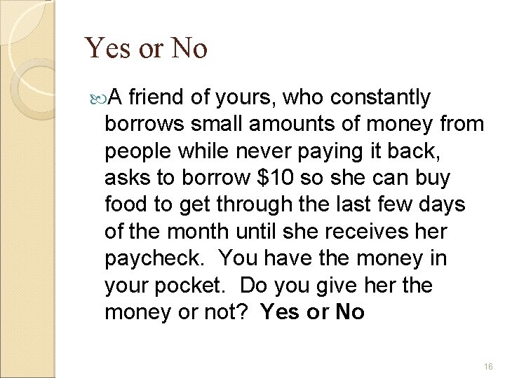 Yes or No A friend of yours, who constantly borrows small amounts of money
