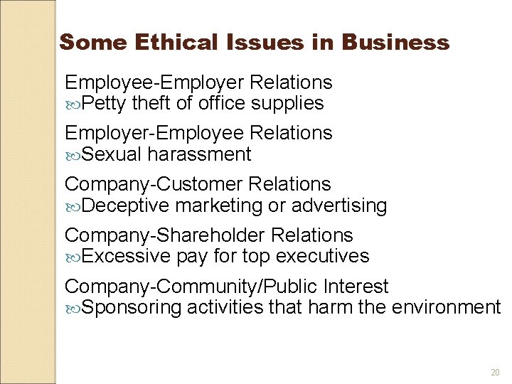 Some Ethical Issues in Business Employee-Employer Relations Petty theft of office supplies Employer-Employee Relations
