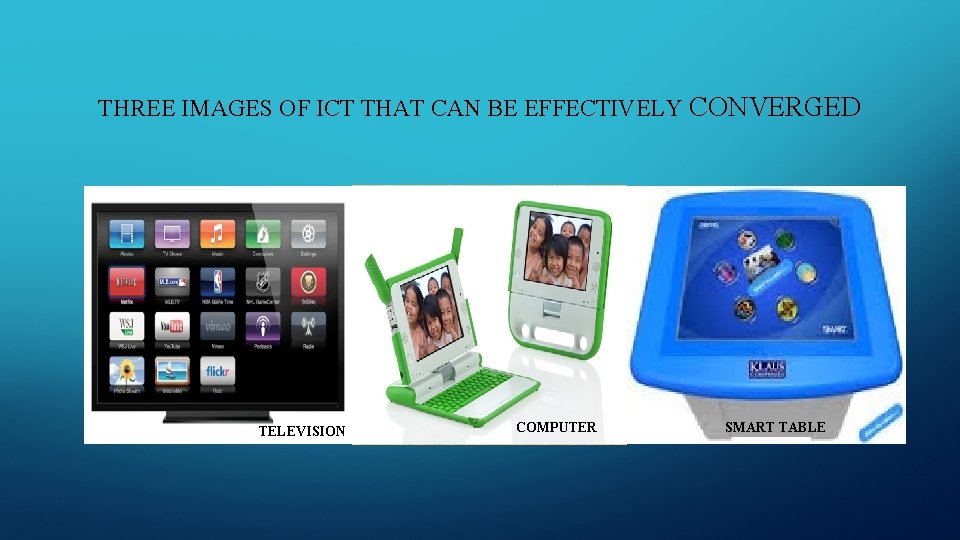 THREE IMAGES OF ICT THAT CAN BE EFFECTIVELY CONVERGED TELEVISION COMPUTER SMART TABLE 