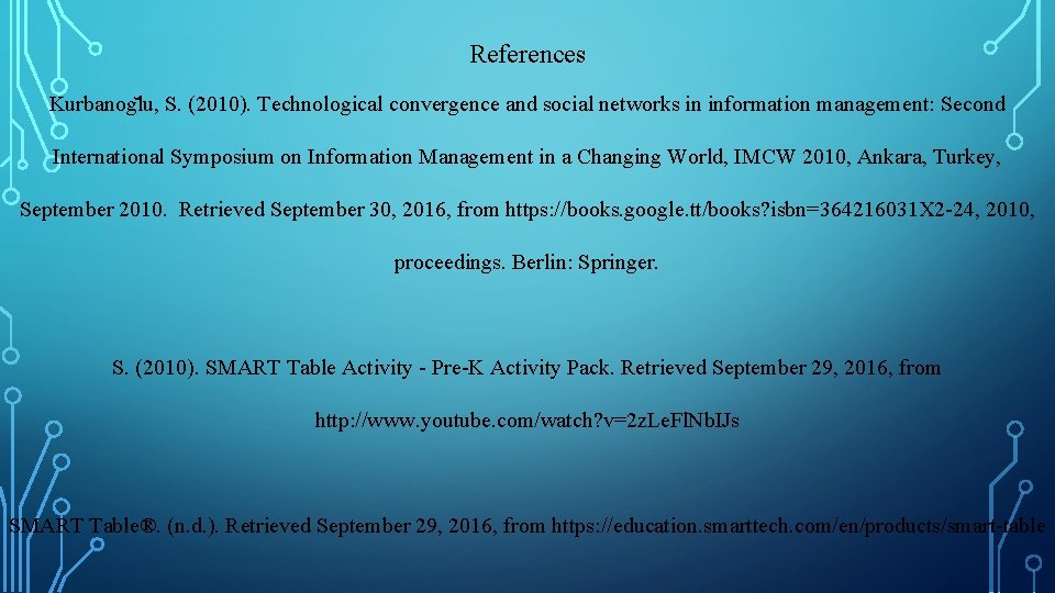 References Kurbanog lu, S. (2010). Technological convergence and social networks in information management: Second