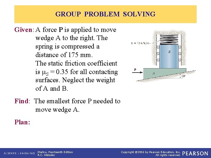 GROUP PROBLEM SOLVING Given: A force P is applied to move wedge A to