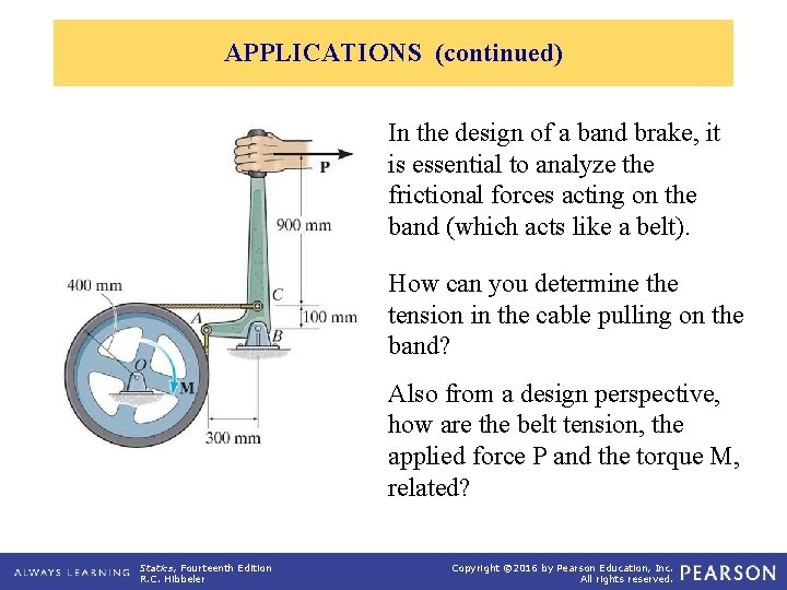 APPLICATIONS (continued) In the design of a band brake, it is essential to analyze