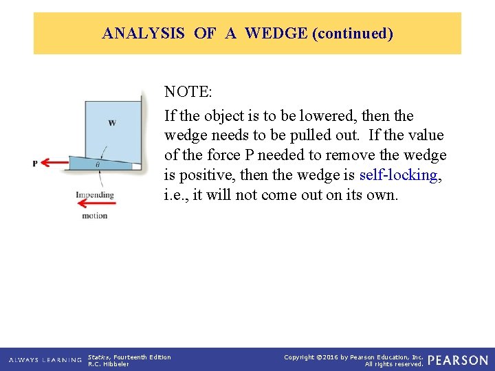 ANALYSIS OF A WEDGE (continued) NOTE: If the object is to be lowered, then