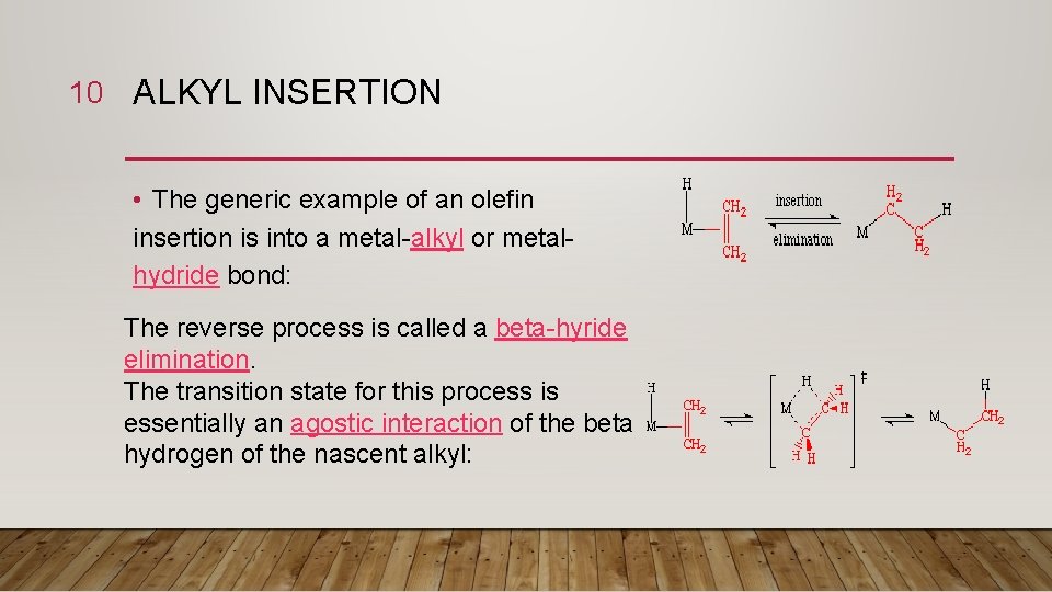 10 ALKYL INSERTION • The generic example of an olefin insertion is into a