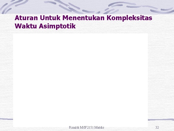 Aturan Untuk Menentukan Kompleksitas Waktu Asimptotik Rinaldi M/IF 2151 Matdis 32 