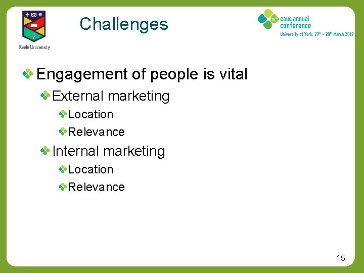 Challenges Engagement of people is vital External marketing Location Relevance Internal marketing Location Relevance