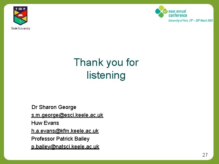 Thank you for listening Dr Sharon George s. m. george@esci. keele. ac. uk Huw