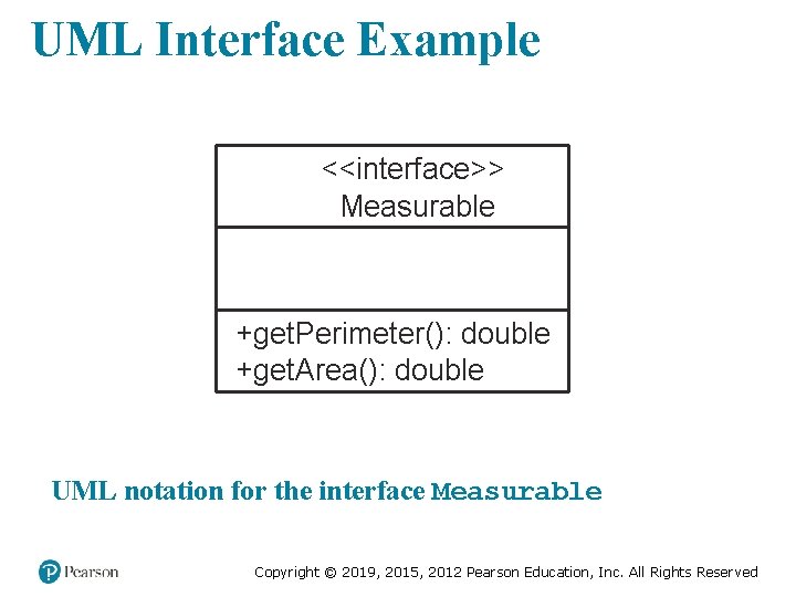 UML Interface Example <<interface>> Measurable +get. Perimeter(): double +get. Area(): double UML notation for