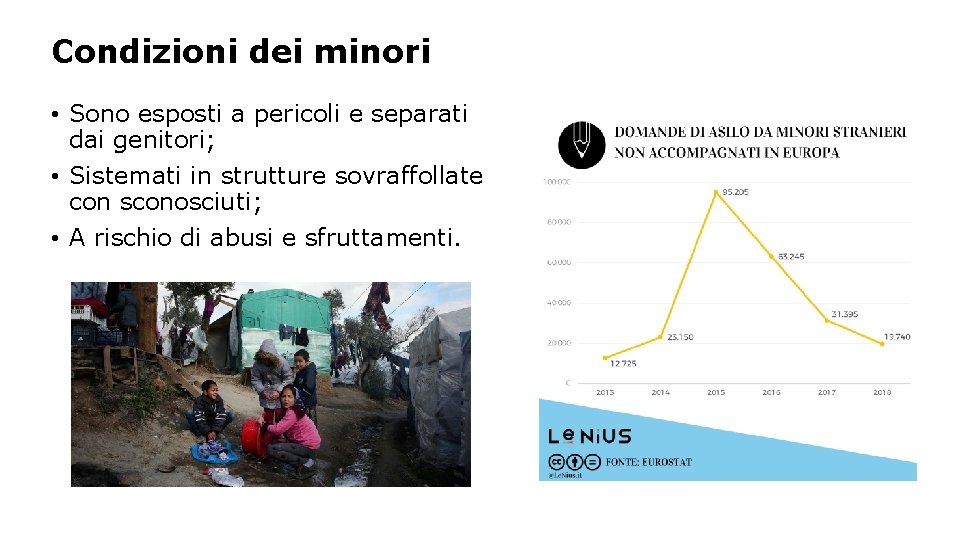 Condizioni dei minori • Sono esposti a pericoli e separati dai genitori; • Sistemati
