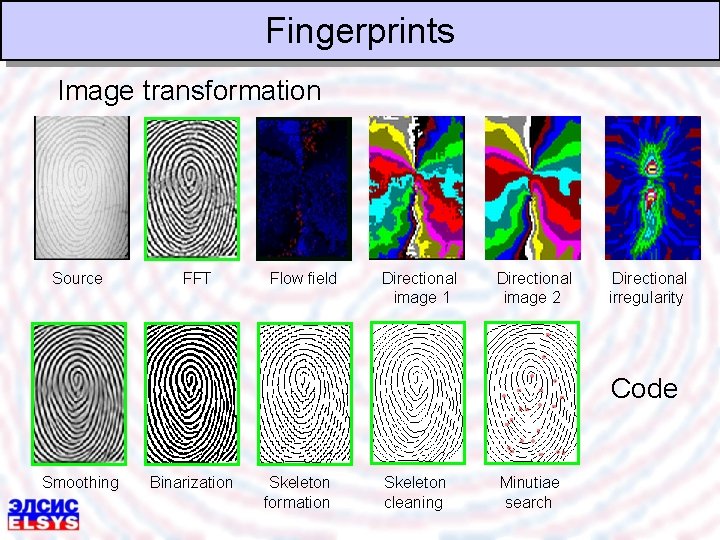 Fingerprints Image transformation Source FFT Flow field Directional image 1 Directional image 2 Directional