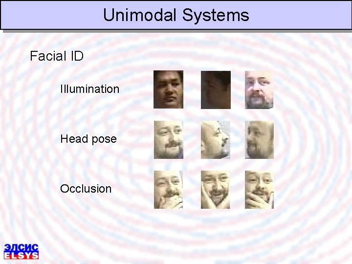 Unimodal Systems Facial ID Illumination Head pose Occlusion 