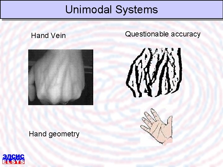 Unimodal Systems Hand Vein Hand geometry Questionable accuracy 