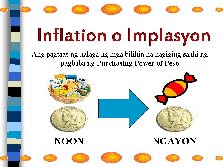 Inflation o Implasyon Ang pagtaas ng halaga ng mga bilihin na nagiging sanhi ng