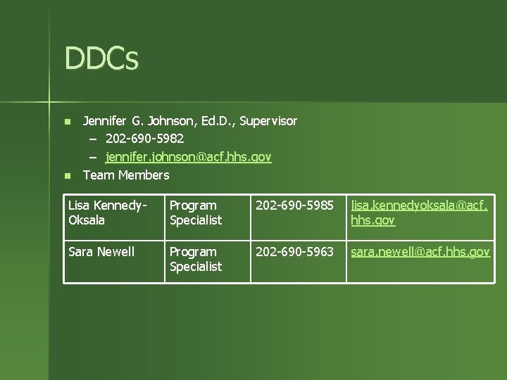 DDCs n n Jennifer G. Johnson, Ed. D. , Supervisor – 202 -690 -5982