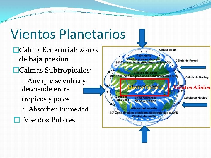 Vientos Planetarios �Calma Ecuatorial: zonas de baja presion �Calmas Subtropicales: 1. Aire que se