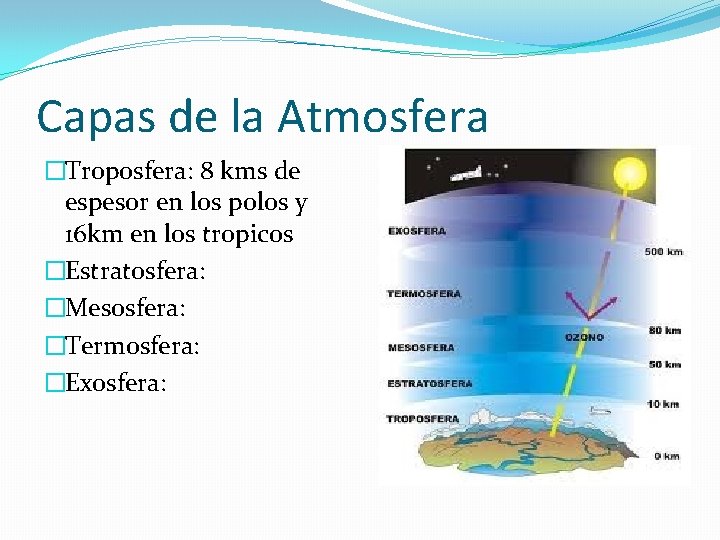 Capas de la Atmosfera �Troposfera: 8 kms de espesor en los polos y 16