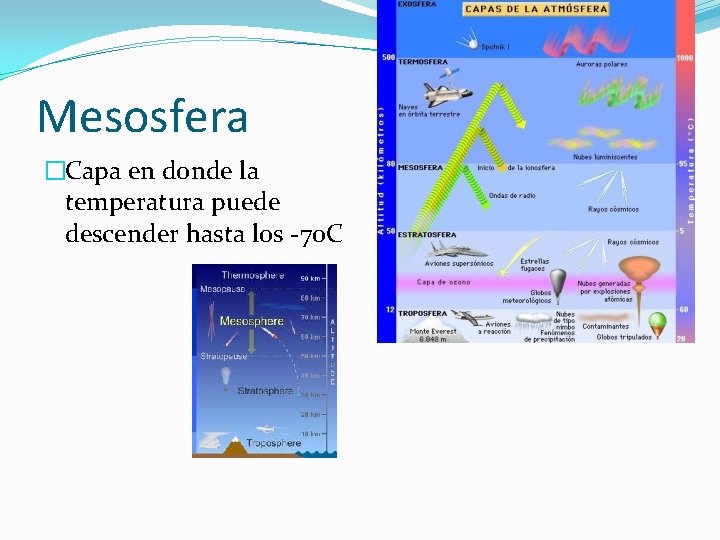 Mesosfera �Capa en donde la temperatura puede descender hasta los -70 C 