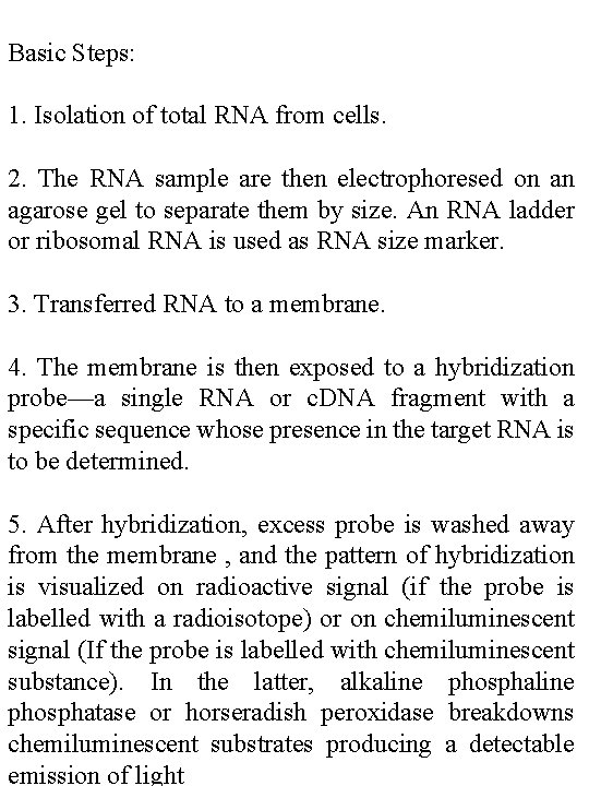 Basic Steps: 1. Isolation of total RNA from cells. 2. The RNA sample are