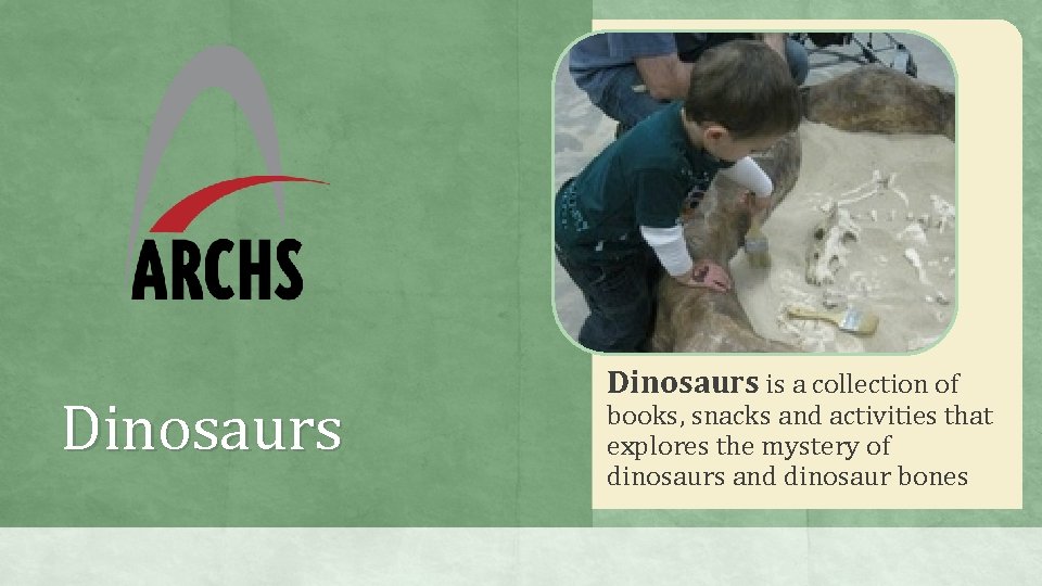 Dinosaurs is a collection of books, snacks and activities that explores the mystery of