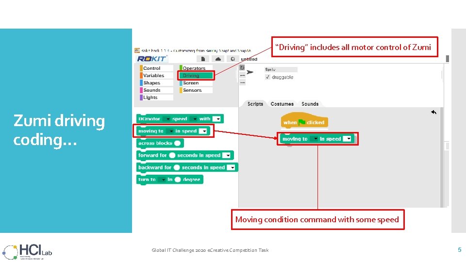 “Driving” includes all motor control of Zumi driving coding… Moving condition command with some “Driving” includes all motor control of Zumi driving coding… Moving condition command with some