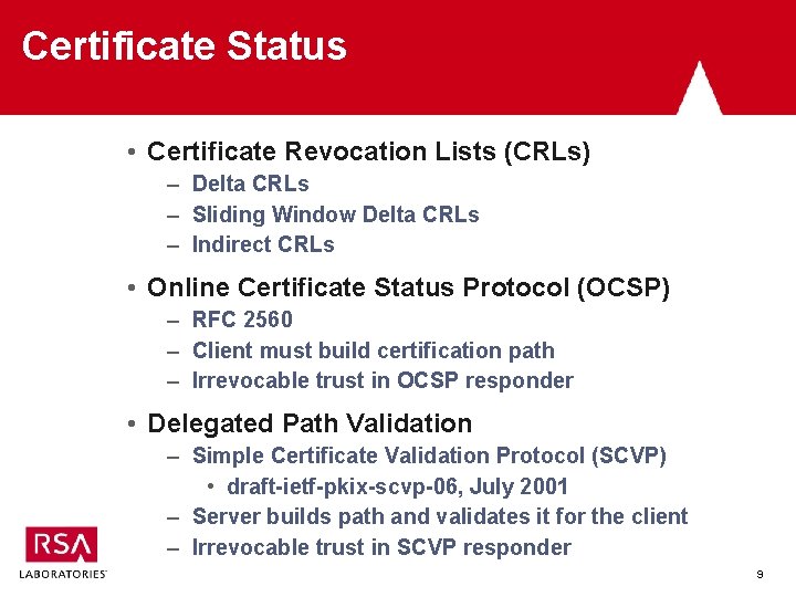 Certificate Status • Certificate Revocation Lists (CRLs) – Delta CRLs – Sliding Window Delta