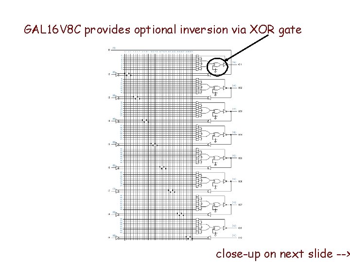 GAL 16 V 8 C provides optional inversion via XOR gate close-up on next GAL 16 V 8 C provides optional inversion via XOR gate close-up on next