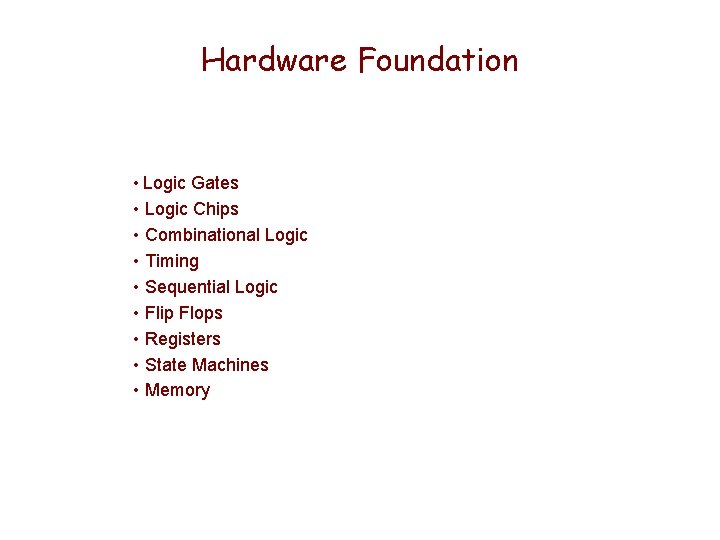 Hardware Foundation • Logic Gates • Logic Chips • Combinational Logic • Timing • Hardware Foundation • Logic Gates • Logic Chips • Combinational Logic • Timing •