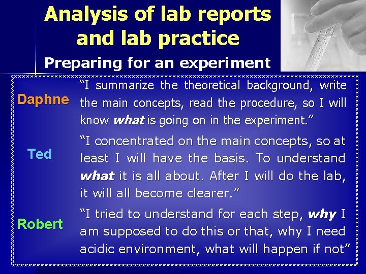 Analysis of lab reports and lab practice Preparing for an experiment “I summarize theoretical