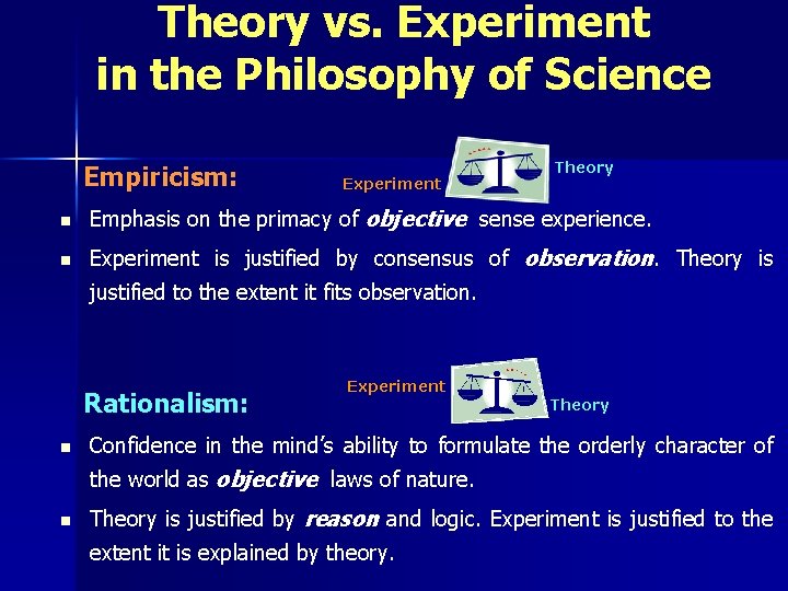 Theory vs. Experiment in the Philosophy of Science Empiricism: Experiment Theory n Emphasis on