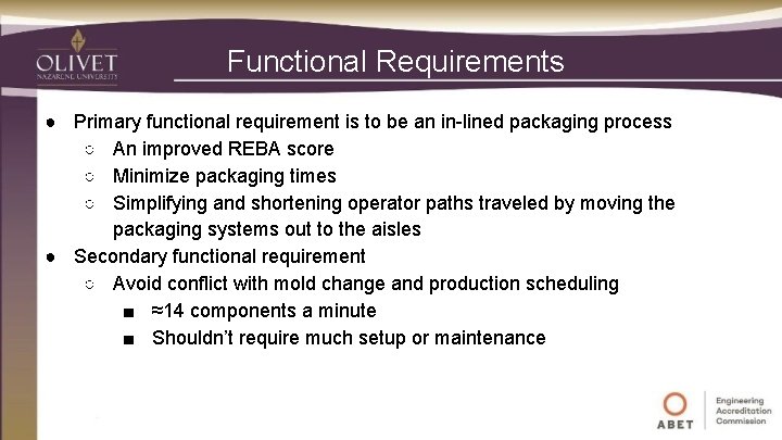 Functional Requirements ● Primary functional requirement is to be an in-lined packaging process ○