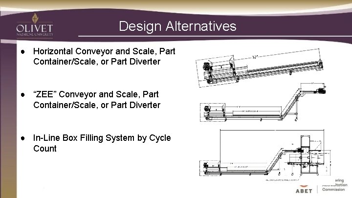 Design Alternatives ● Horizontal Conveyor and Scale, Part Container/Scale, or Part Diverter ● “ZEE”