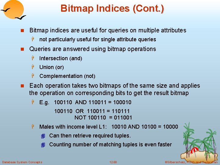 Bitmap Indices (Cont. ) n Bitmap indices are useful for queries on multiple attributes