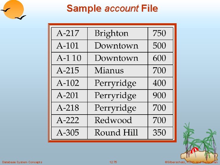 Sample account File Database System Concepts 12. 75 ©Silberschatz, Korth and Sudarshan 