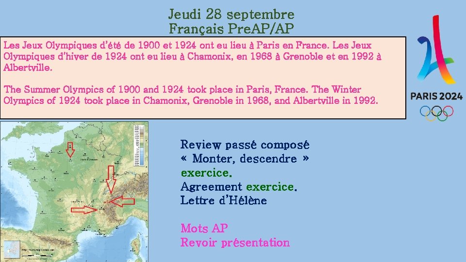 Jeudi 28 septembre Français Pre. AP/AP Les Jeux Olympiques d’été de 1900 et 1924