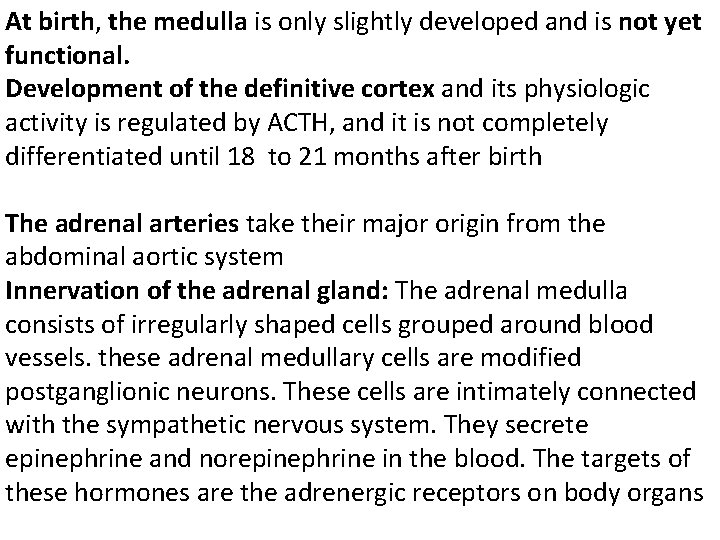 At birth, the medulla is only slightly developed and is not yet functional. Development