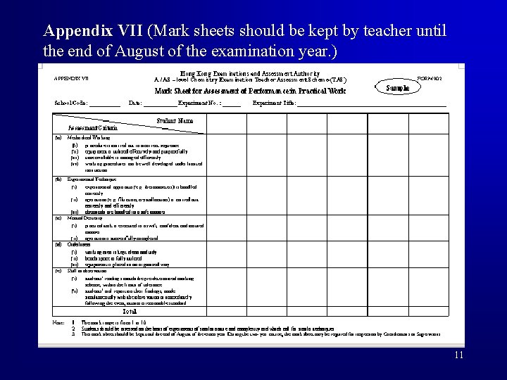 Appendix VII (Mark sheets should be kept by teacher until the end of August