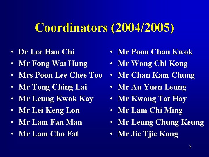 Coordinators (2004/2005) • • Dr Lee Hau Chi Mr Fong Wai Hung Mrs Poon