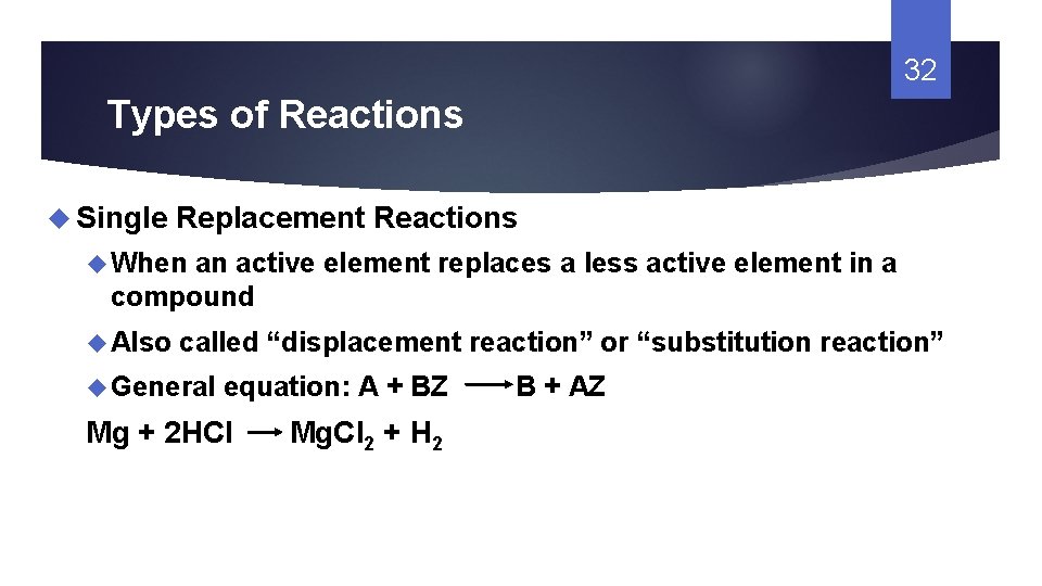 32 Types of Reactions Single Replacement Reactions When an active element replaces a less