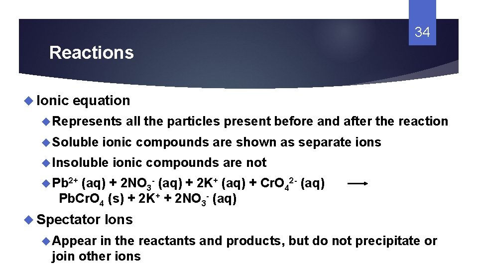 34 Reactions Ionic equation Represents Soluble all the particles present before and after the