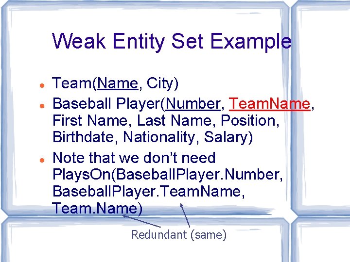 Weak Entity Set Example Team(Name, City) Baseball Player(Number, Team. Name, First Name, Last Name,