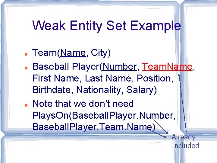 Weak Entity Set Example Team(Name, City) Baseball Player(Number, Team. Name, First Name, Last Name,