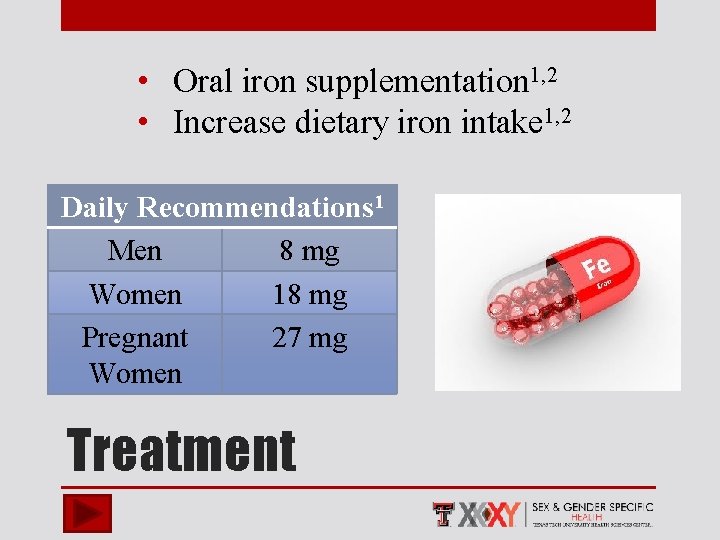  • Oral iron supplementation 1, 2 • Increase dietary iron intake 1, 2