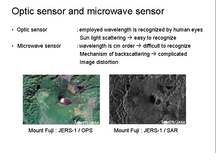Optic sensor and microwave sensor • Optic sensor :employed wavelength is recognized by human Optic sensor and microwave sensor • Optic sensor :employed wavelength is recognized by human