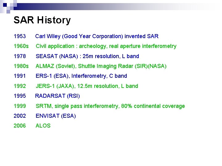 SAR History 1953 Carl Wiley (Good Year Corporation) invented SAR 1960 s Civil application SAR History 1953 Carl Wiley (Good Year Corporation) invented SAR 1960 s Civil application