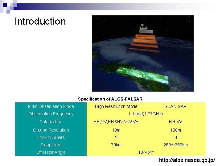 Introduction Specification of ALOS-PALSAR Main Observation Mode High Resolution Mode Observation Frequency SCAN SAR Introduction Specification of ALOS-PALSAR Main Observation Mode High Resolution Mode Observation Frequency SCAN SAR
