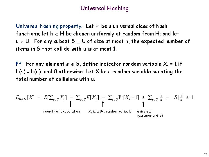 Universal Hashing Universal hashing property. Let H be a universal class of hash functions;