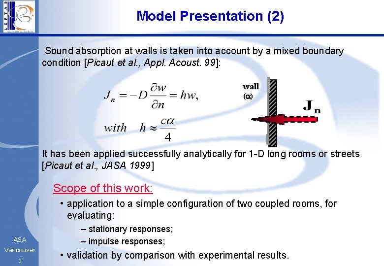 Model Presentation (2) Sound absorption at walls is taken into account by a mixed