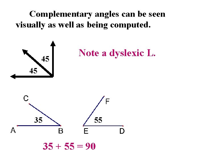Complementary angles can be seen visually as well as being computed. 45 Note a