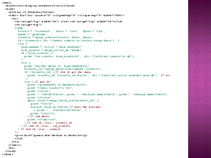 <html> <head><title>Display Students</title></head> <body> <h 1>List of Students</h 1><hr> <table dir="ltr" border="0" cellpadding="0" cellspacing="0"