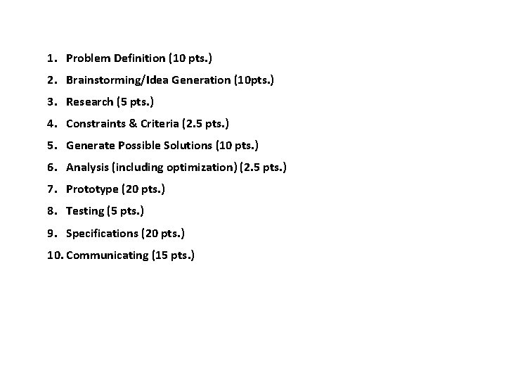 1. Problem Definition (10 pts. ) 2. Brainstorming/Idea Generation (10 pts. ) 3. Research